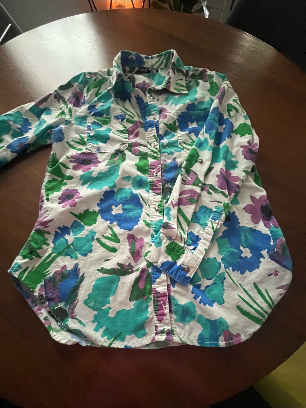 Wendy Williams Floral Button-Up Shirt in White with Teal, Green & Purple